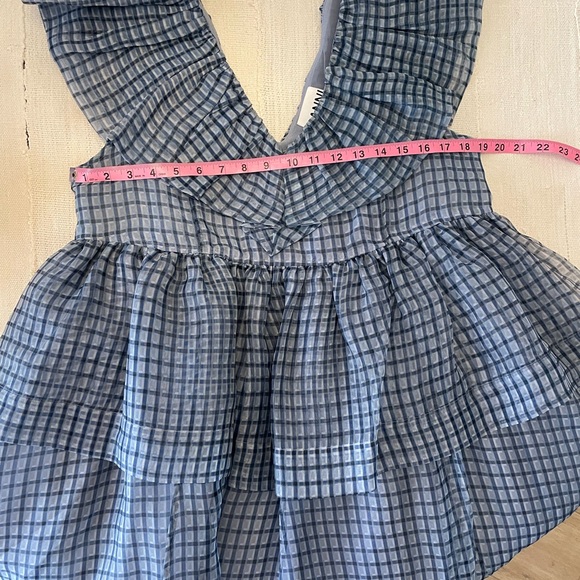 GANNI Gingham Check Ruffle Organza Sleeveless Dress In Heather - Picture 6 of 6